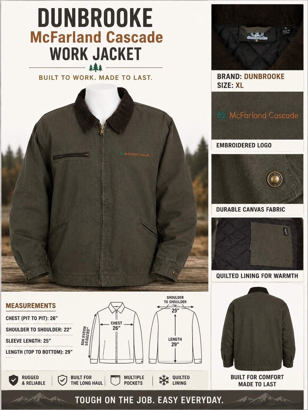 Dunbrooke Olive Green Canvas Work Jacket with Brown Corduroy Collar